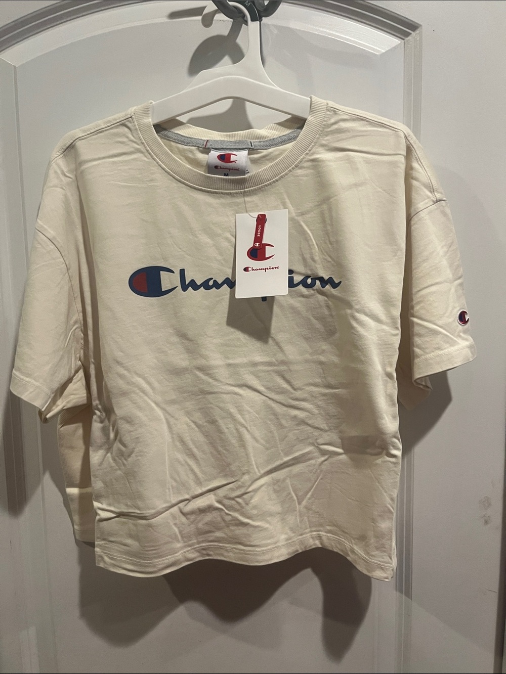 Champion Cream Tee with Navy and Red Logo